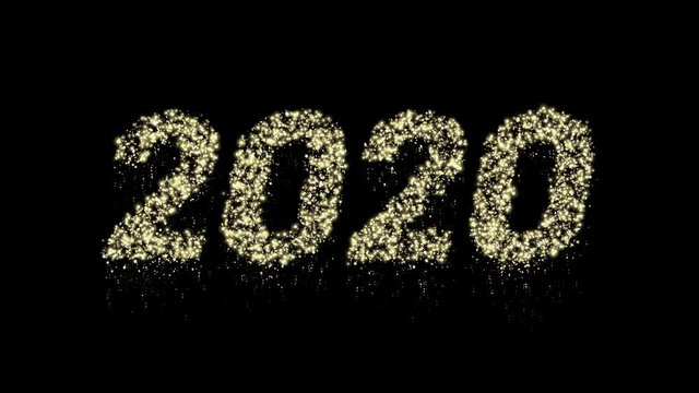 2020 Happy New Year greeting text with particles and sparks on alpha channel. 4K loop background
