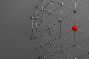 3d rendering of abstract connection network concept.  Network symbolized by red and silver connected spheres Wireframe and globe in empty space. Futuristic shape. Molecular Structure.