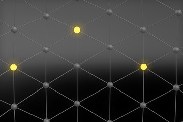 3d rendering of abstract connection network concept.  Network symbolized by yellow and black connected spheres Global network connections with points and lines.