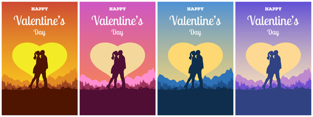 Set of postcards for Valentine's Day with couple in love. A man and a woman hug and kiss on a background of sunset landscape. Romantic concept with sun in the shape of a heart. Vector illustration.