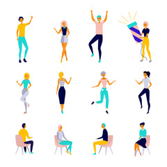 Fototapeta na wymiar Set of dancing people in different poses isolated on the white background, fashion and happy. Flat style. Vector illustration