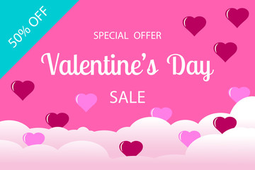 Valentines Day sale banner with hearts and clouds. Vector illustration for advertising special offer, promotion discount. Love day concept. Flat template for poster, card, voucher, flyer, brochure.