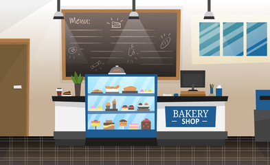 Interior of the cartoon cafe-bakery. Bakery with fresh pastries on the showcase and big menu on the wall. Flat style. Vector illustration
