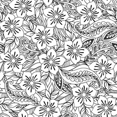 Hand drawn seamless pattern with leaves and flowers. Doodles floral ornament. Black and white decorative elements. Perfect for wallpaper, adult coloring books, web page background, surface textures.