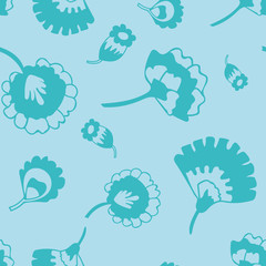 Vector psychedelic folk seamless pattern with ethnic turquoise flowers and leaves, blue background