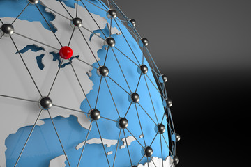 3d rendering of abstract connection network concept.  Network symbolized by red and silver spheres Red sphere on Toronto. Toronto is the capital of technology, communication. finance and business life
