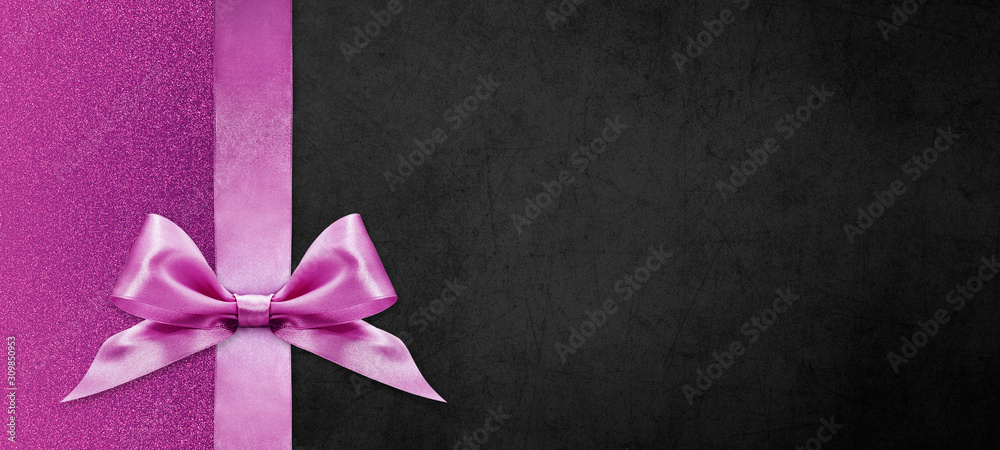 Wall mural gift cards with pink ribbon bow Isolated on pink and black texture background, christmas and black friday template with copy space - Wall murals