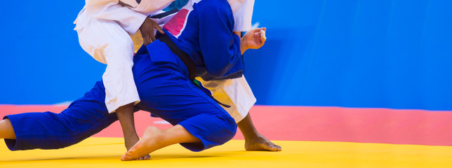 Two judo fighters in white and blue uniform.