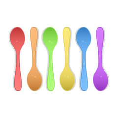 Plastic cutlery. Colorful spoons Kids food. 3d realistic vector icon set.