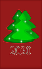 New year pattern. Template frame for card design with isolated elemens of christmas tree, stars, 2020 text. Green and white objects on red background. Vector - 309852558