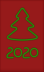 New year pattern. Template frame for card design with isolated elemens of christmas tree, stars, 2020 text. Green and white objects on red background. Vector - 309852567