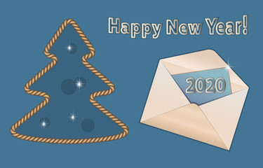 New year pattern. Template frame for card design with isolated elemens of christmas tree, stars, envelope 2020 text. 3d objects on blue background. Vector - 309852577