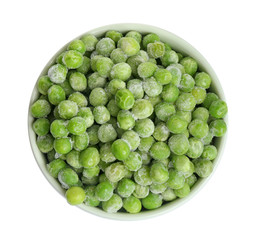 Frozen peas in bowl isolated on white, top view. Vegetable preservation