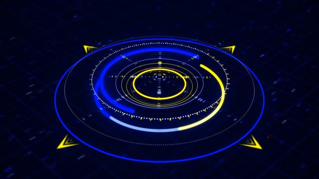 Bright neon 3d abstract animation of circular graph with digits resembling a modern compass rotating on the dark background. Animation. Future and innovation concept.