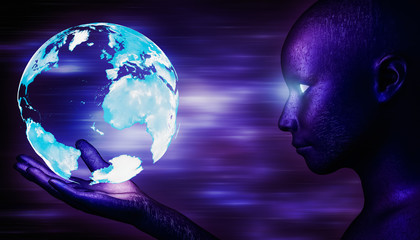 Alien, android, humanoid cyborg watching a holographic blue Earth planet floating over his hand. Blue and ultraviolet colors. Sci-fi, futuristic, science and technology 3d renderning illustration 