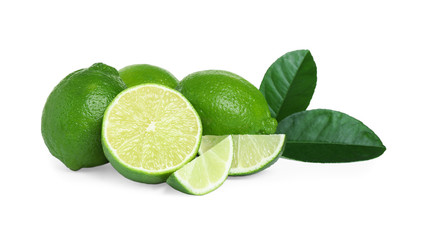 Fresh ripe green limes isolated on white