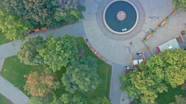 Aerial flying over Confederation Park in downtown Ottawa sunrise. Ontario, Canada.