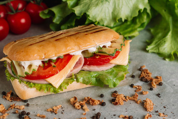 Sandwich fresh pita bread beef falafel RecipeTin Eatsfilled with grilled meat, mushrooms, cheese. Traditional Middle Eastern snack. On peper background.