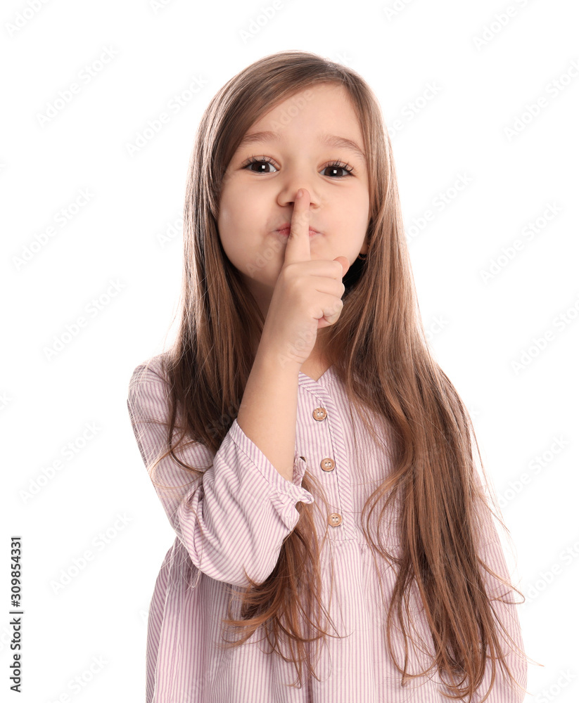 Poster Portrait of cute little girl on white background