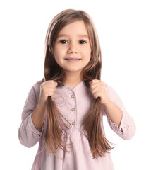 Portrait of cute little girl on white background