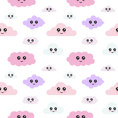 Fototapeta premium Cute seamless paattern of pastel clouds with smiley emoticons.