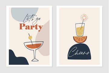 Set of New Years greeting cards, party invitations. Cocktails, drink glasses with orange fruit and sparkler. Cheers and lets go party text. Abstract geometric shapes background. Vector illustrations.