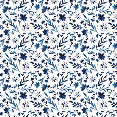 Watercolor flowers are handmade in indigo. Blue flower seamless pattern. Isolated on white background. Classic blue. Floral pattern