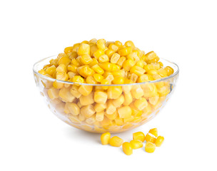 Delicious canned corn in bowl isolated on white