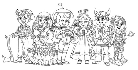 Children in carnival costumes fortune teller, astronaut, lumberjack, viking, mermaid, angel characters outlined for coloring page