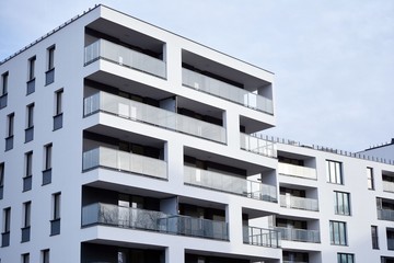 Modern and new apartment building. Multistoried modern, new and stylish living block of flats.