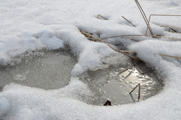 Early spring close-up: melt water in loose gray ice. Two thawed holes, filled by slush, and dry sedge; scene at vernal day