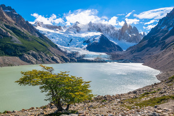 Beautiful view of Glacier and Laguna Torre with Cerro Torre in the background - Los Glaciares National Park - Patagonia, Argentina