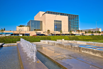 Fototapeta premium Zagreb. The National and University Library in Zagreb and fountains meadow view.