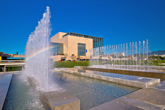 Zagreb. The National and University Library in Zagreb and fountains meadow view.