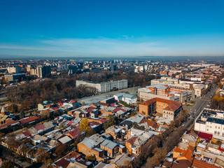 Vladikavkaz, capital of North Ossetia. Panorama of historical downtown from drone flight