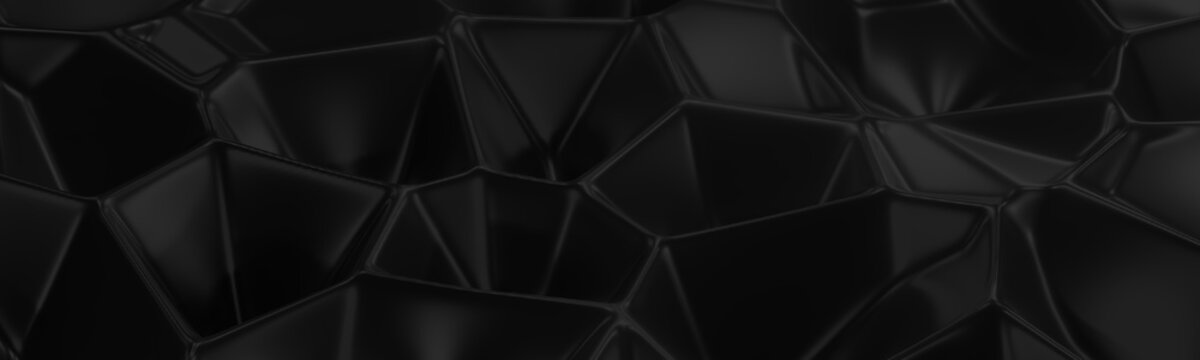 3d ILLUSTRATION, of black abstract crystal background, triangular texture, wide panoramic for wallpaper, 3d background low poly design