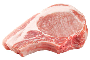 fresh raw meat on white background, pork, beef, chop on a bone, clipping path, full depth of field