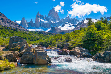 Wonderful view of Mount Fitz Roy (Cerro Fitz Roy) near the Poincenot camp in Los Glaciares National Park Patagonia - El Chalten - Argentina