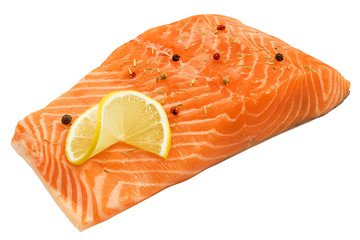 Raw salmon with lemon and pepper, fish isolated on white background, clipping path, full depth of field