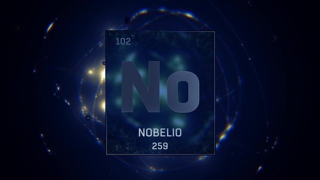 Nobelium as Element 102 of the Periodic Table. Seamlessly looping 3D animation on blue illuminated atom design background with orbiting electrons. Name, atomic weight, element number in Spanish langua