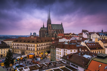 Fototapeta premium Old Town with Christmas Market and Cathedral of St. Peter and Paul in Brno, Czech Republic as Seen from City Hall Tower