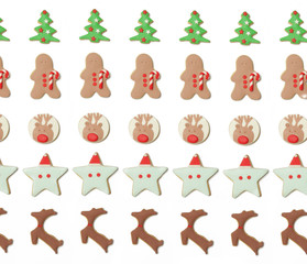 Seamless pattern of gingerbread Christmas cookies on white
