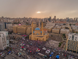 Beirut, Lebanon 2019 : drone shot of Martyr square, showing protesters during the Lebanese revolution