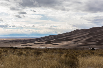 Landscape view of dunes at Great Sand Dunes National Park in Colorado, the tallest sand dunes in North America.