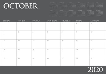 October 2020 desk calendar vector illustration