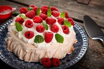 Merigue cake also called pavlova cake with fruits
