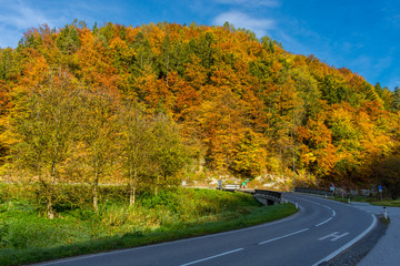 Street sign and road passing through beautiful autumn landscape near Graz, Styria region, Austria