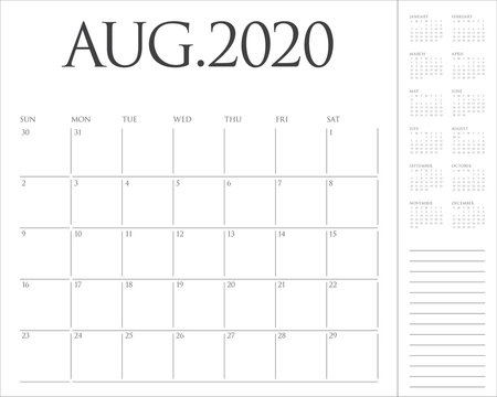 August 2020 Desk Calendar Vector Illustration