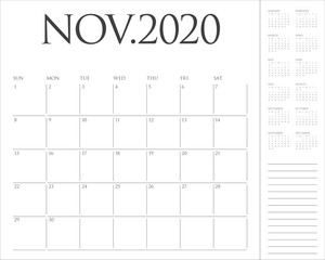November 2020 desk calendar vector illustration
