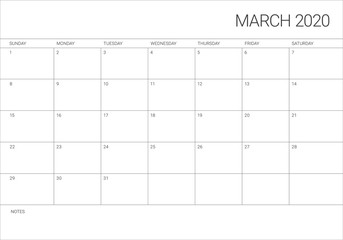 March 2020 desk calendar vector illustration